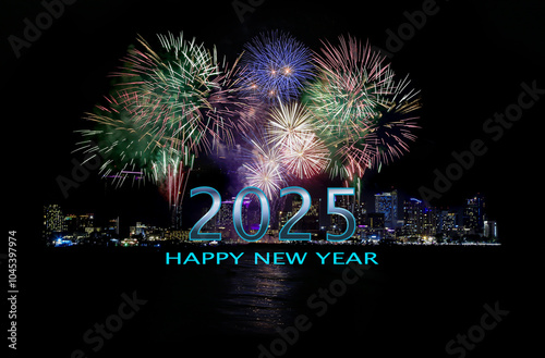 New Year night, 2025 year greeting banner, fireworks in night city