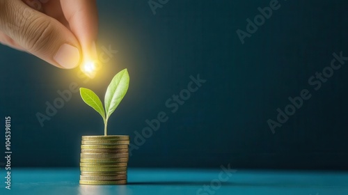 A hand nurturing a sprout with a glowing light, symbolizing growth, investment, and prosperity in a financial setting. photo