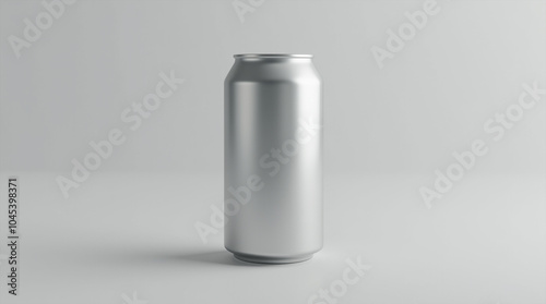 A cold, condensation-covered aluminum can stands on a white surface, capturing the essence of refreshment in a minimalistic style