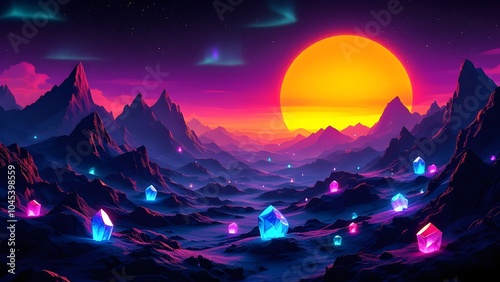 Retro Synthase Landscape with Glowing Crystals and Mountains, generative AI photo