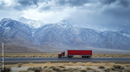 A semi truck drives along a snow-lined mountain road at dusk. American national truck driver appreciation week poster.
 photo