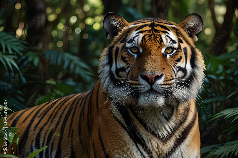 Fototapeta premium Majestic Bengal Tiger Prowling Through Lush Jungle Foliage