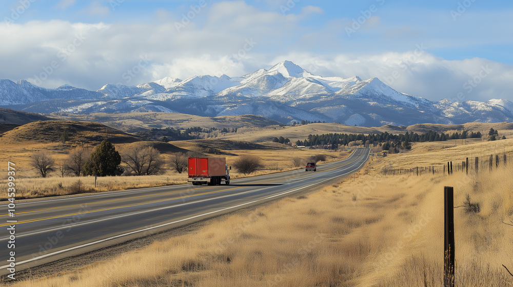 A semi truck drives along a snow-lined mountain road at dusk. American national truck driver appreciation week poster.
A semi truck drives along a snow-lined mountain road at dusk. American national truck driver appreciation week poster.