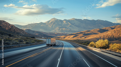 A semi truck drives along a snow-lined mountain road at dusk. American national truck driver appreciation week poster.
 photo