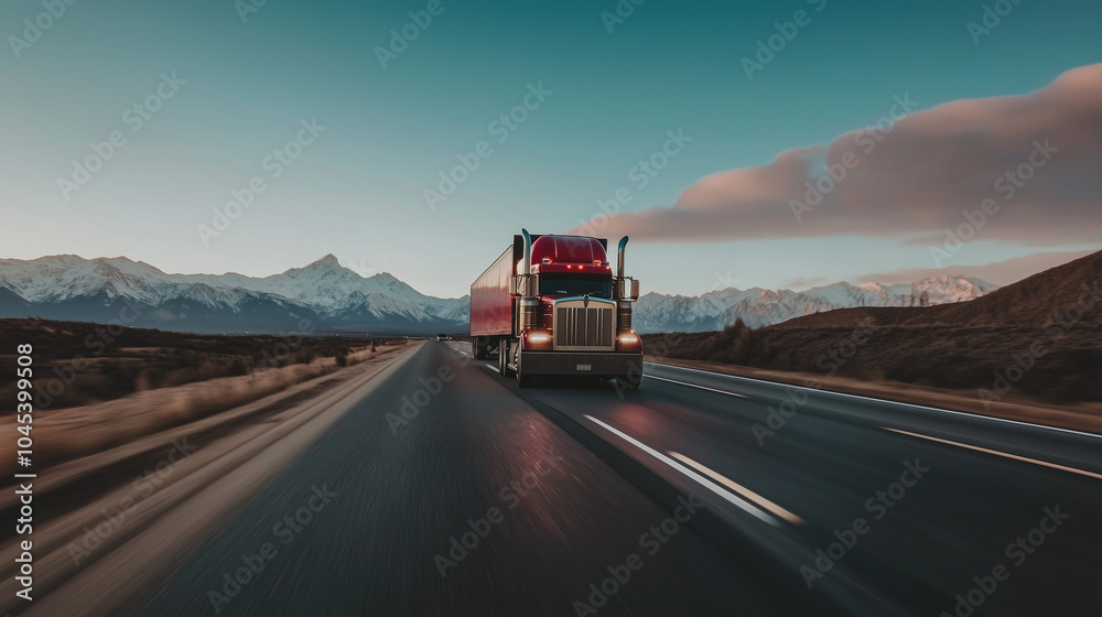 A semi truck drives along a snow-lined mountain road at dusk. American national truck driver appreciation week poster.
A semi truck drives along a snow-lined mountain road at dusk. American national truck driver appreciation week poster.