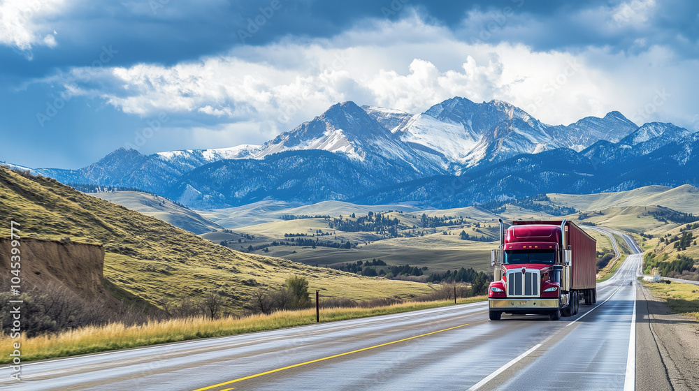 A semi truck drives along a snow-lined mountain road at dusk. American national truck driver appreciation week poster.
A semi truck drives along a snow-lined mountain road at dusk. American national truck driver appreciation week poster.