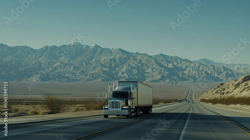 A semi truck drives along a snow-lined mountain road at dusk. American national truck driver appreciation week poster.
 photo