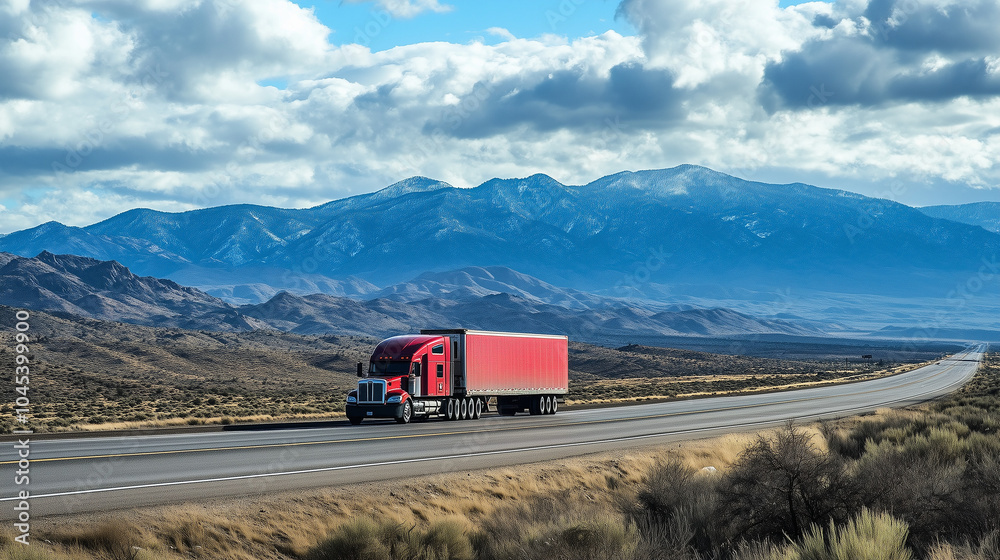 Obraz premium A semi truck drives along a snow-lined mountain road at dusk. American national truck driver appreciation week poster. 