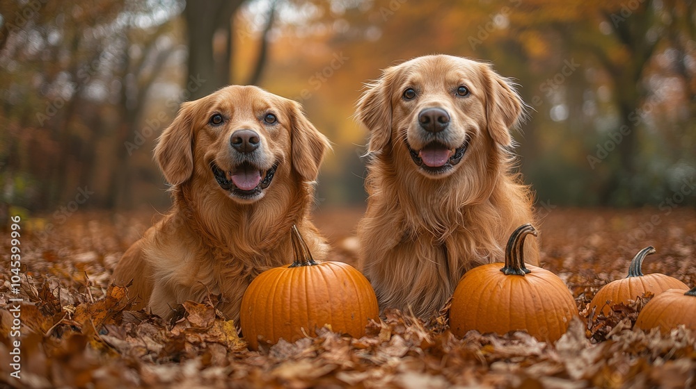 Dogs in a pumpkin patch. Featuring autumn colors and festive atmosphere. Emphasizing seasonal joy and warmth. Ideal for fall product advertisements and harvest festival promotions.