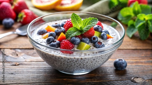 Chia pudding with fresh berries and mint on rustic table