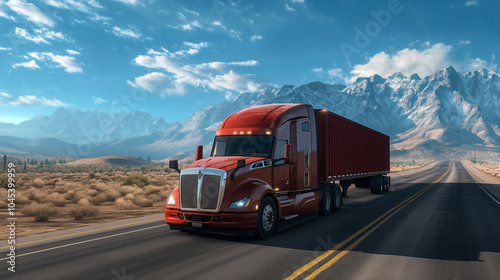 A semi truck drives along a snow-lined mountain road at dusk. American national truck driver appreciation week poster.
 photo