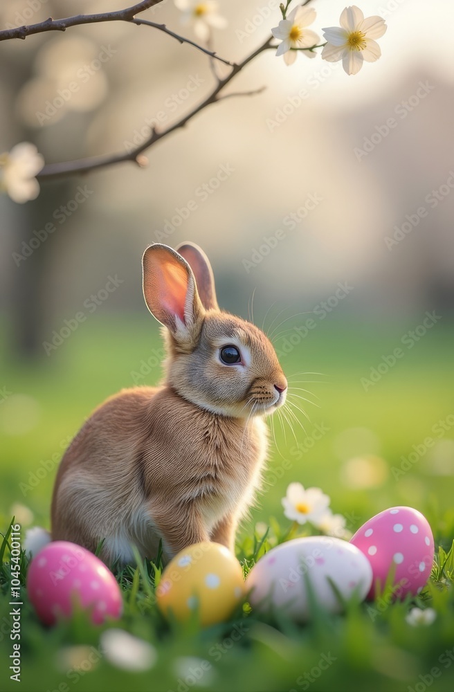 Fototapeta premium Adorable bunny with colorful easter eggs in a spring meadow