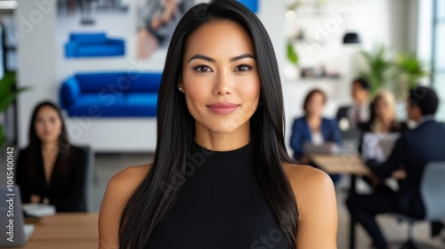 asian woman with long, straight black hair, wearing a form-fitting, high-necked black dress, stands confidently at the forefront of a modern, minimalist conference room. room is furnished with sleek