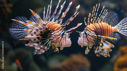 Two stunning lionfish with brown and white stripes gracefully swim in a saltwater aquarium, adding a touch of danger to the serene underwater scene