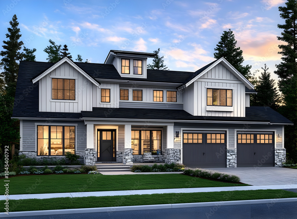 Neighbourhood Real Estate - A modern two-story house with a stone facade and landscaped yard. Neighbourhood Real Estate - A modern two-story house with a stone facade and landscaped yard.