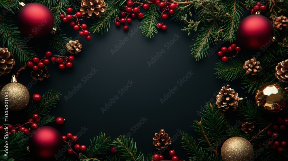 Christmas frame with red berries, golden ornaments, and green pine surrounding black copy space. Christmas frame with red berries, golden ornaments, and green pine surrounding black copy space.