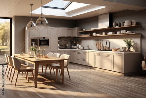 A spacious modern kitchen in soft beige tones, featuring minimalist cabinetry, a large wooden dining table, and natural light streaming in through a skylight.