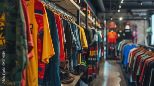 Wallpaper Mural Modern clothes shop interior with apparel on hangers and shelves, colorful shirts hanging on rack in a fashion retail store Torontodigital.ca