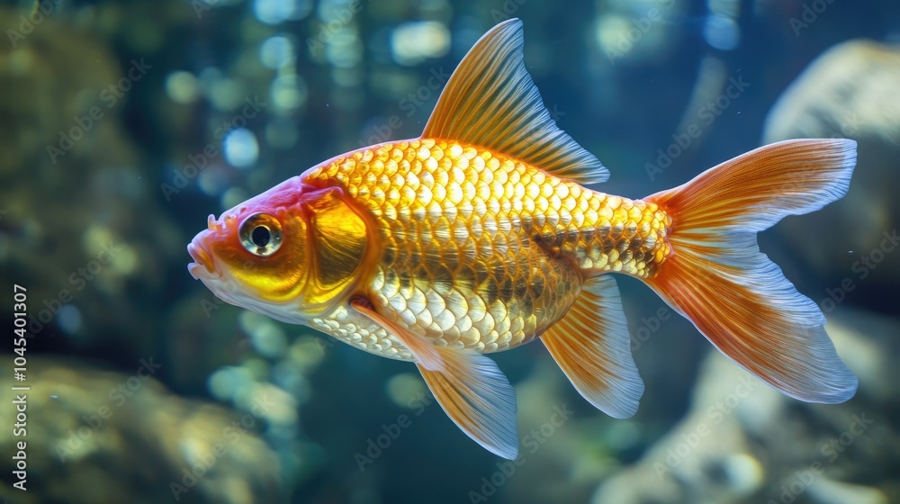 Detailed shot of a goldfish swimming in a pond, with shimmering orange scales. Detailed shot of a goldfish swimming in a pond, with shimmering orange scales.