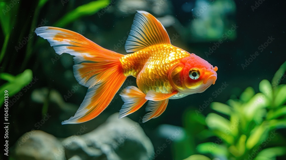 Detailed shot of a goldfish swimming close to the surface in an aquarium pond. Detailed shot of a goldfish swimming close to the surface in an aquarium pond.