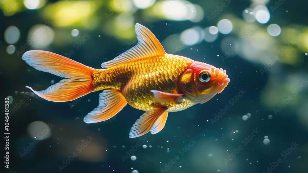 Detailed shot of a goldfish swimming in a pond, with shimmering orange scales. Detailed shot of a goldfish swimming in a pond, with shimmering orange scales.