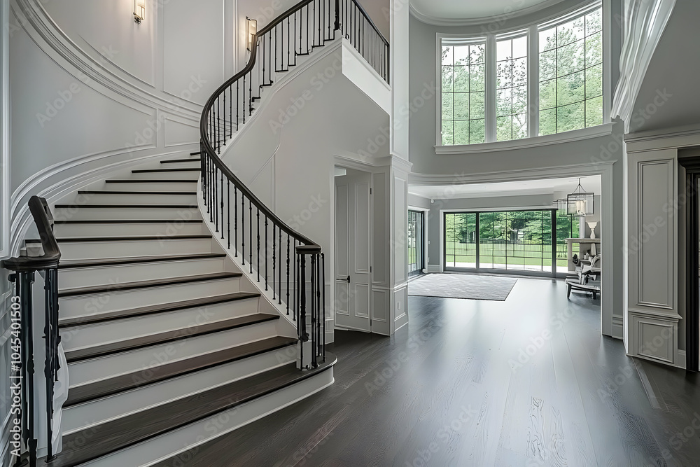 Obraz premium Neighbourhood Real Estate - Elegant foyer with a curved staircase and large windows, showcasing modern interior design.