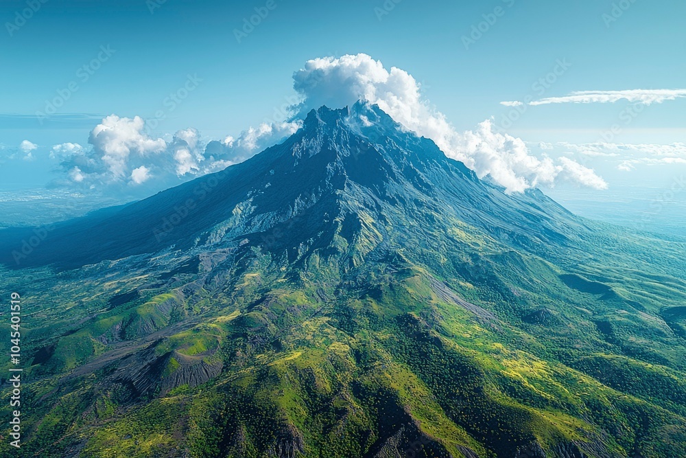 Fototapeta premium Majestic Mountain Peak with Cloud Cover and Lush Vegetation