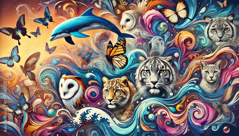 Abstract Animal Painting with Butterflies Tiger Cat Owl and Dolphin Abstract Animal Painting with Butterflies Tiger Cat Owl and Dolphin