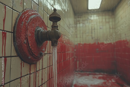 Water Dripping From Rusty Faucet in Bloodstained Shower photo