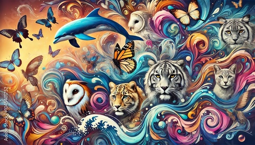 Abstract Animal Painting with Butterflies Tiger Cat Owl and Dolphin