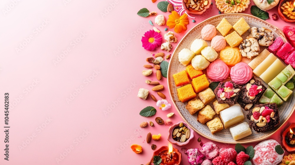Vibrant Array of Traditional Diwali Sweets on Decorative Plate Surrounded by Colorful Rangoli and Diyas Vibrant Array of Traditional Diwali Sweets on Decorative Plate Surrounded by Colorful Rangoli and Diyas
