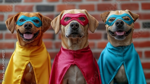 Featuring dogs in superhero costumes, emphasizing fun and imaginative moments. Ideal for costume-themed social media posts and pet blogs. Detailed view of dogs wearing capes, masks.