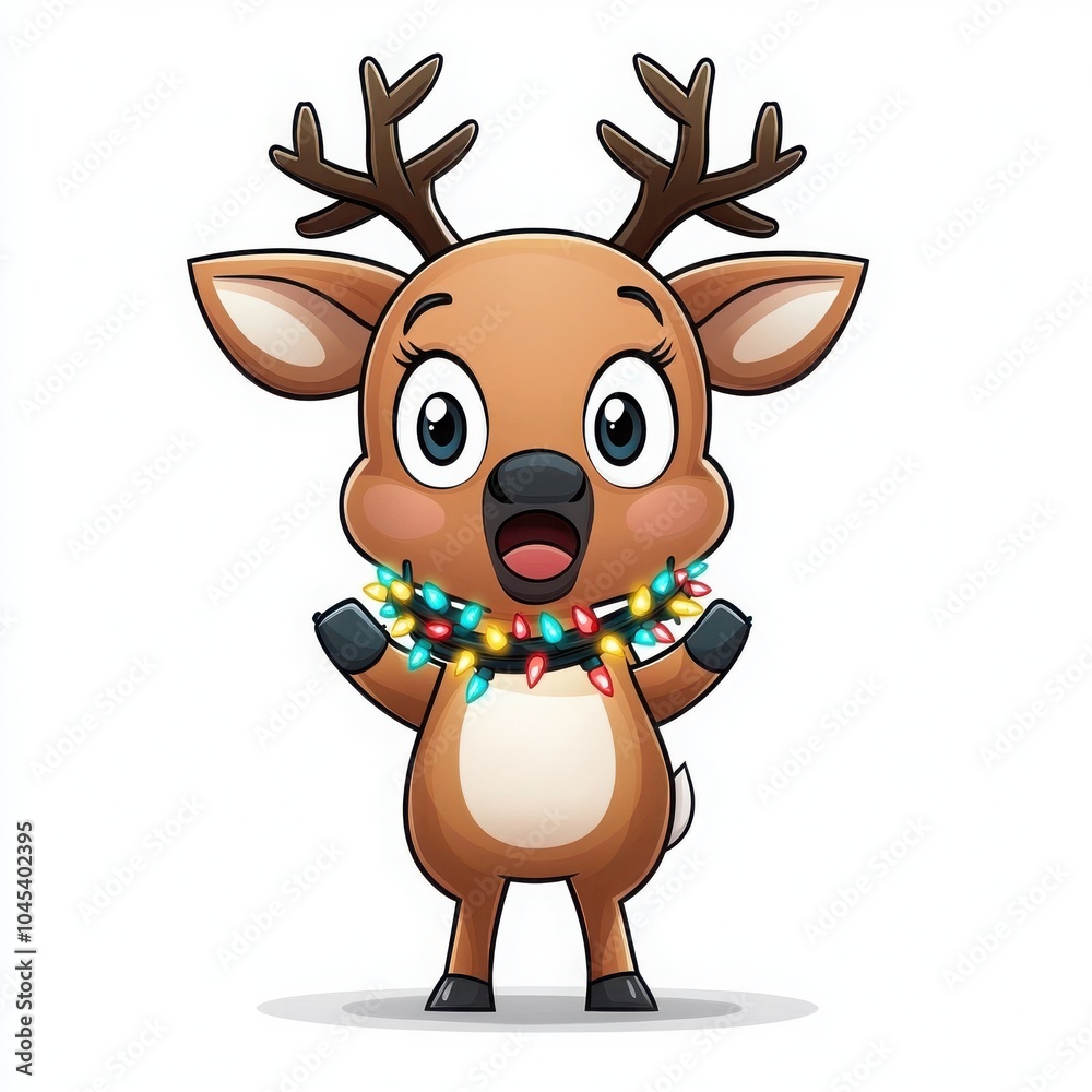 Fototapeta premium Cartoon reindeer with lights, cheerful expression, white isolated background.