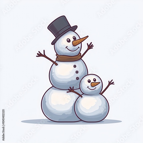 Two cheerful snowmen with hats and scarves, celebrating winter joy.