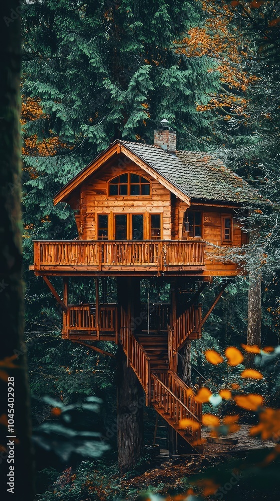 Charming Wooden Treehouse Among Lush Greenery Charming Wooden Treehouse Among Lush Greenery