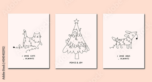 Set Christmas cards with Christmas tree, cats, dogs and christmas elements. Vector illustrations.