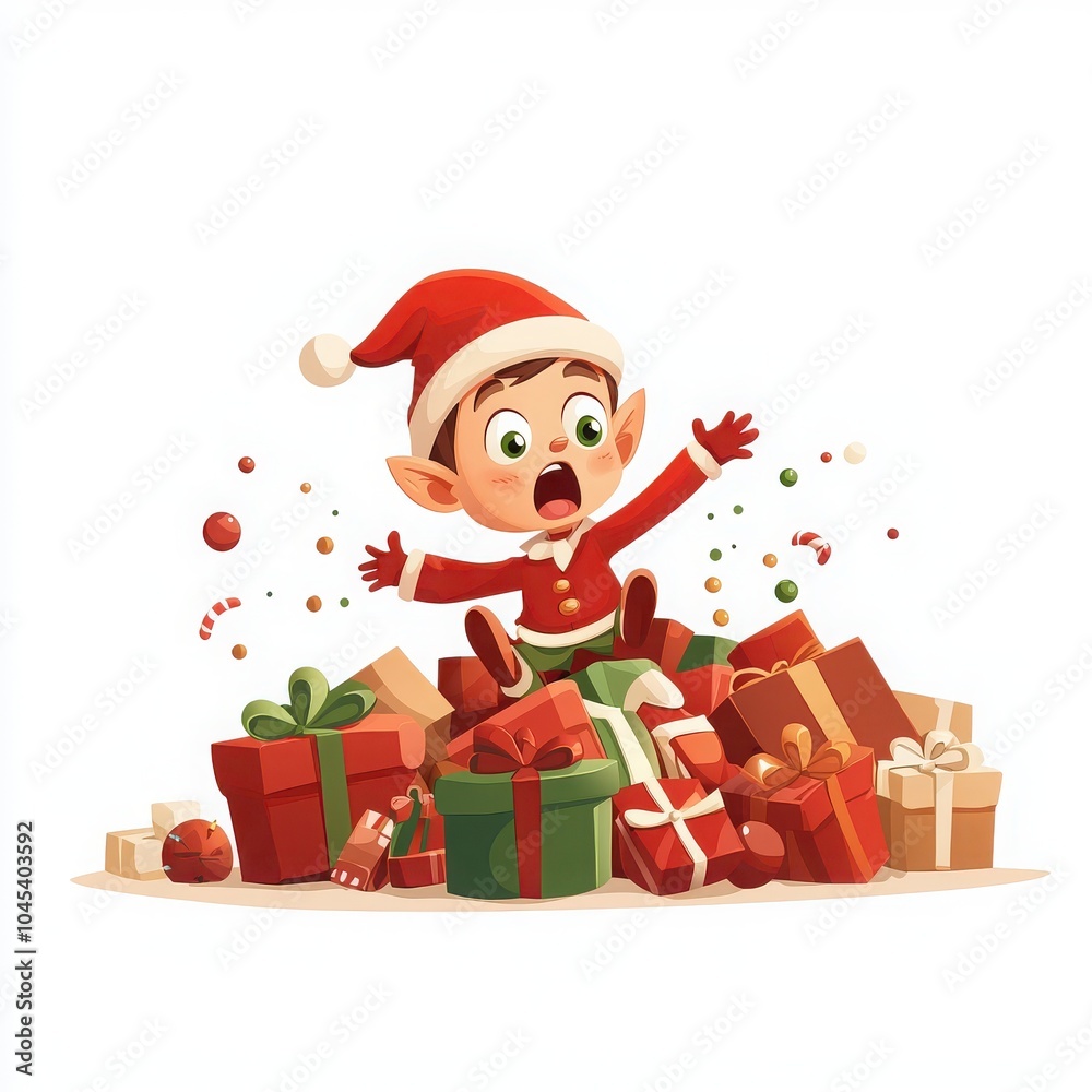 Excited elf in a red hat surrounded by colorful Christmas presents. Excited elf in a red hat surrounded by colorful Christmas presents.