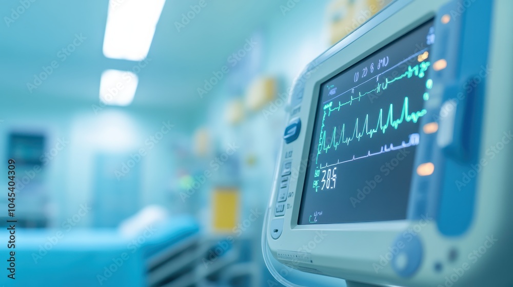 A vital signs monitor showing stable readings with a steady pulse line, set in a clean, organized hospital room, creating a sense of calm in patient care A vital signs monitor showing stable readings with a steady pulse line, set in a clean, organized hospital room, creating a sense of calm in patient care