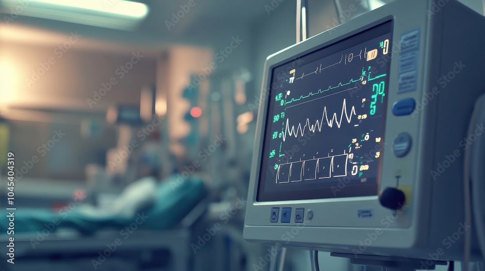 A vital signs monitor showing stable readings with a steady pulse line, set in a clean, organized hospital room, creating a sense of calm in patient care A vital signs monitor showing stable readings with a steady pulse line, set in a clean, organized hospital room, creating a sense of calm in patient care