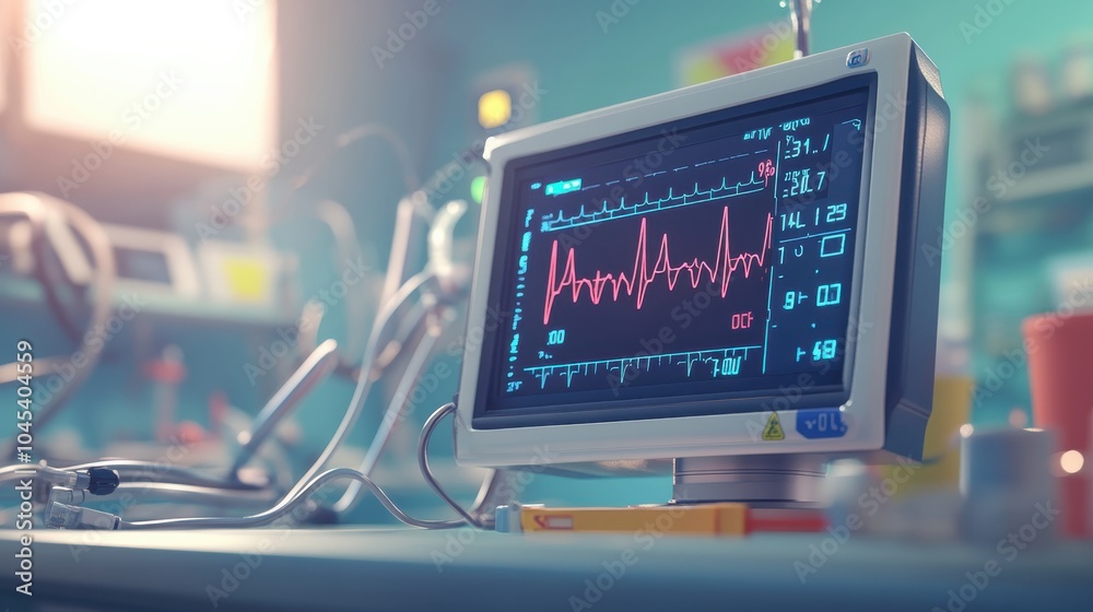 An emergency room scene with a vital signs monitor showing fluctuating readings, capturing the urgency and critical care environment of the medical team. An emergency room scene with a vital signs monitor showing fluctuating readings, capturing the urgency and critical care environment of the medical team.