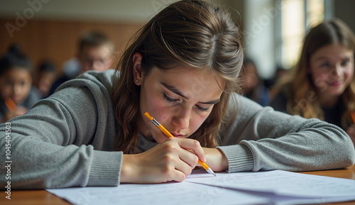 Focused Student Taking an Exam in Classroom: Ideal for Educational Blogs, Test Prep Resources, and School Promotions