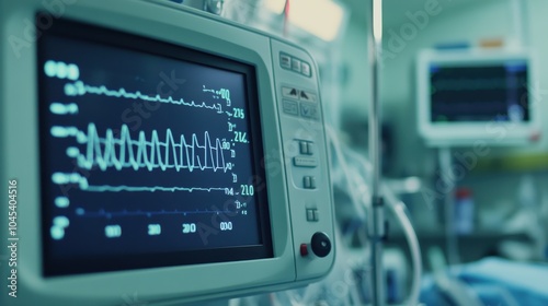 A vital signs monitor showing stable readings with a steady pulse line, set in a clean, organized hospital room, creating a sense of calm in patient care