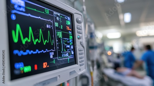 Wallpaper Mural An emergency room scene with a vital signs monitor showing fluctuating readings, capturing the urgency and critical care environment of the medical team. Torontodigital.ca