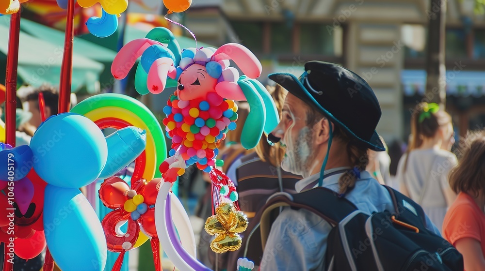 Obraz premium Clown Creating Balloon Animals and Shapes at Outdoor Festival in City Center - a fun and colorful visual. The clown at the city center's outdoor festival creating various balloon animals and different