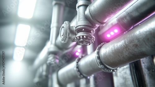 Close-up view of industrial pipes with glowing elements.