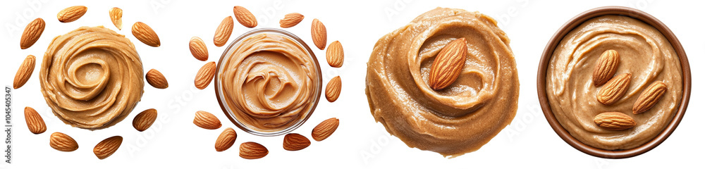 A variety of almond butter spreads displayed in bowls, showcasing different textures and swirls against a white isolated background. A variety of almond butter spreads displayed in bowls, showcasing different textures and swirls against a white isolated background.