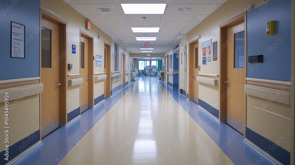 Obraz premium A hospital hallway leading to the ICU, with warning signs and restricted access doors, emphasizing the seriousness and critical care area of the facility