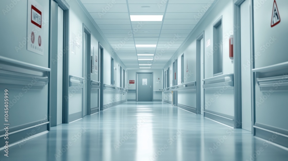 A hospital hallway leading to the ICU, with warning signs and restricted access doors, emphasizing the seriousness and critical care area of the facility A hospital hallway leading to the ICU, with warning signs and restricted access doors, emphasizing the seriousness and critical care area of the facility
