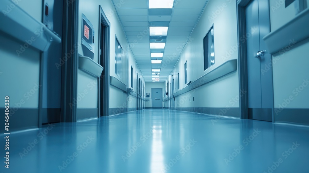 A hospital hallway leading to the ICU, with warning signs and restricted access doors, emphasizing the seriousness and critical care area of the facility A hospital hallway leading to the ICU, with warning signs and restricted access doors, emphasizing the seriousness and critical care area of the facility