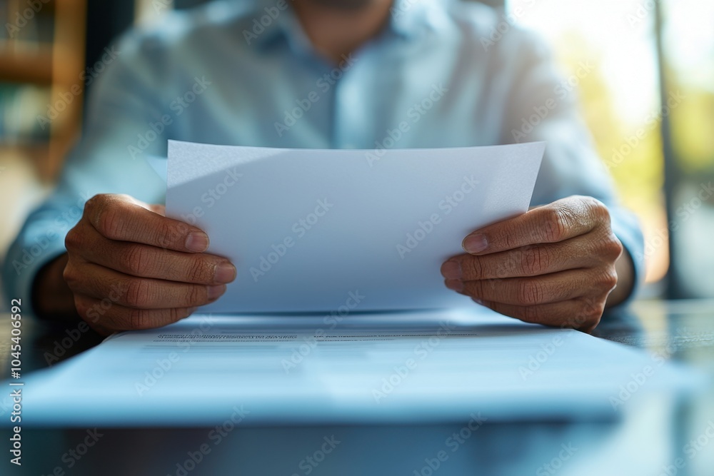Business consultant concept. A person holding documents in a formal setting focusing on paperwork while seated at a table suggesting evaluation or review